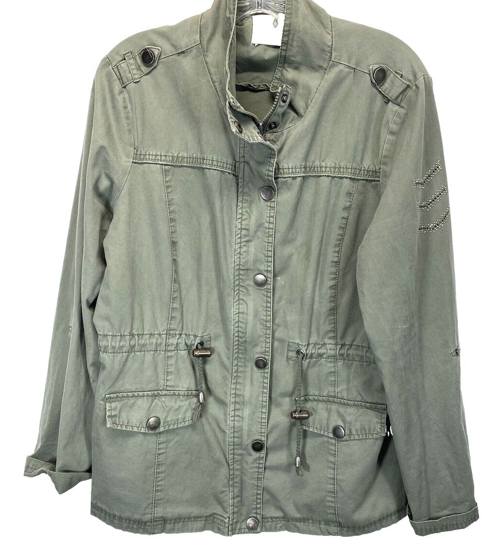 Jade & Ivory Military Style Jacket L Coat Full Zip Snap Roll Tab Sleeves Studded
